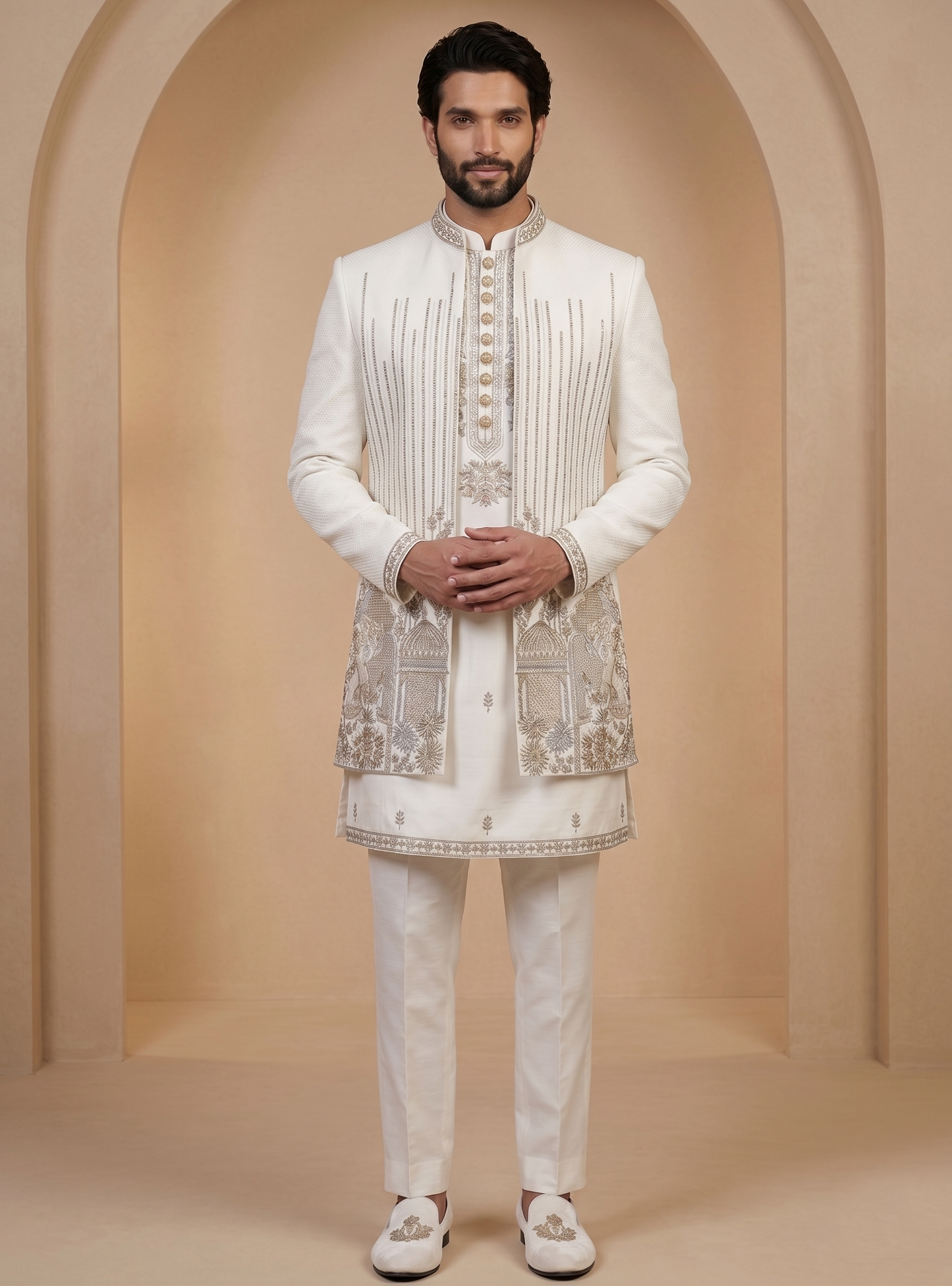 White Satin Silk Ready Made Indo Western