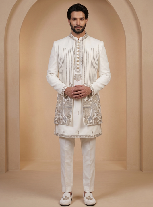 White Satin Silk Ready Made Indo Western