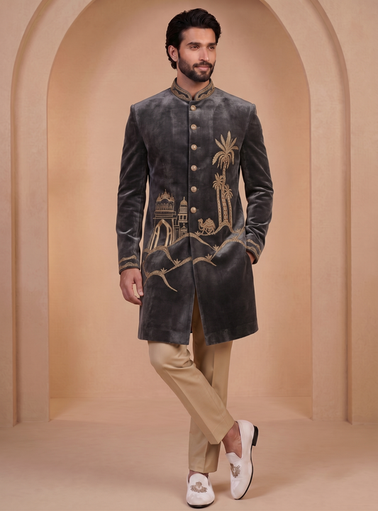 Slate Grey Velvet Ready Made Indo Western