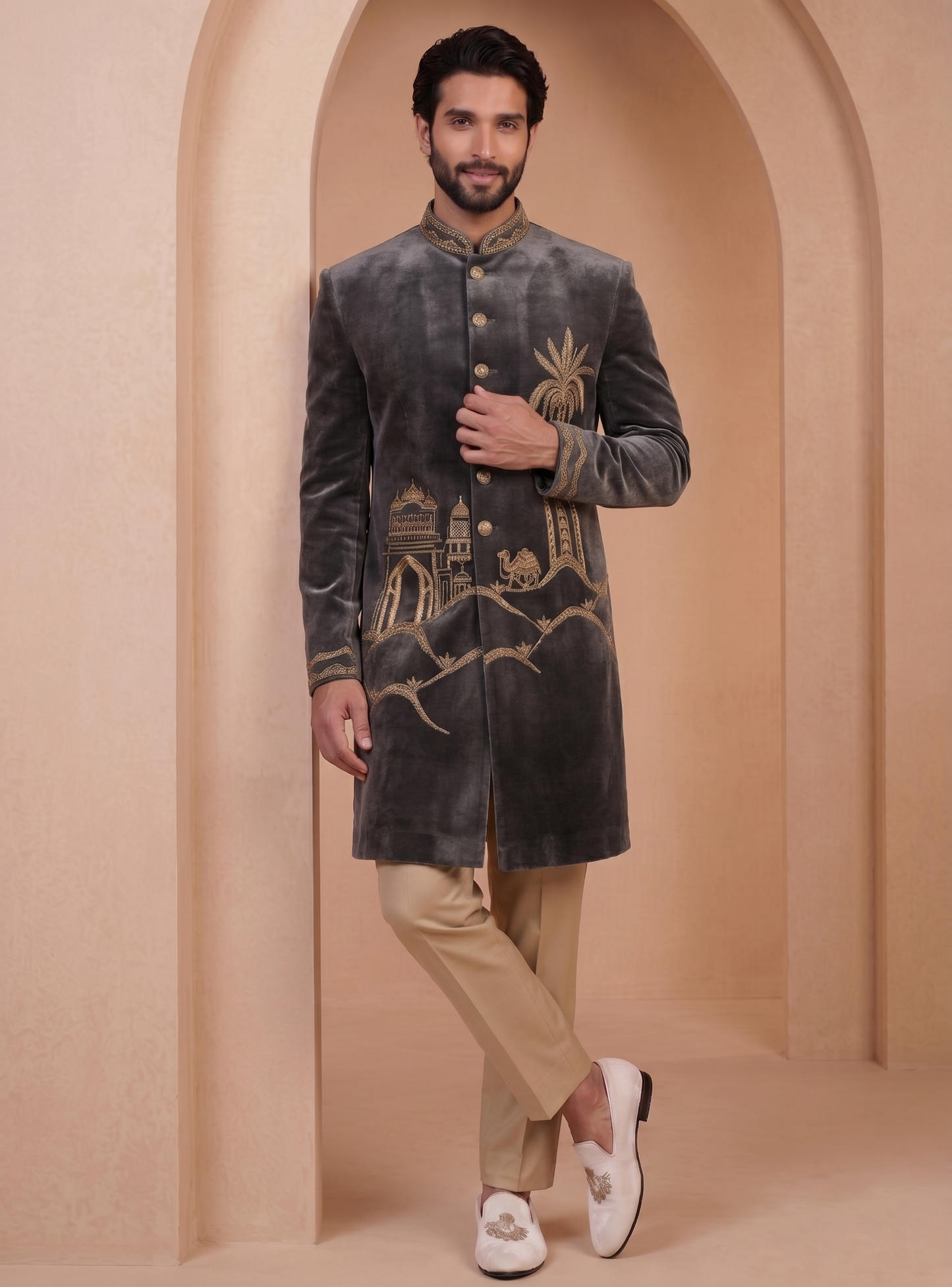 Slate Grey Velvet Ready Made Indo Western