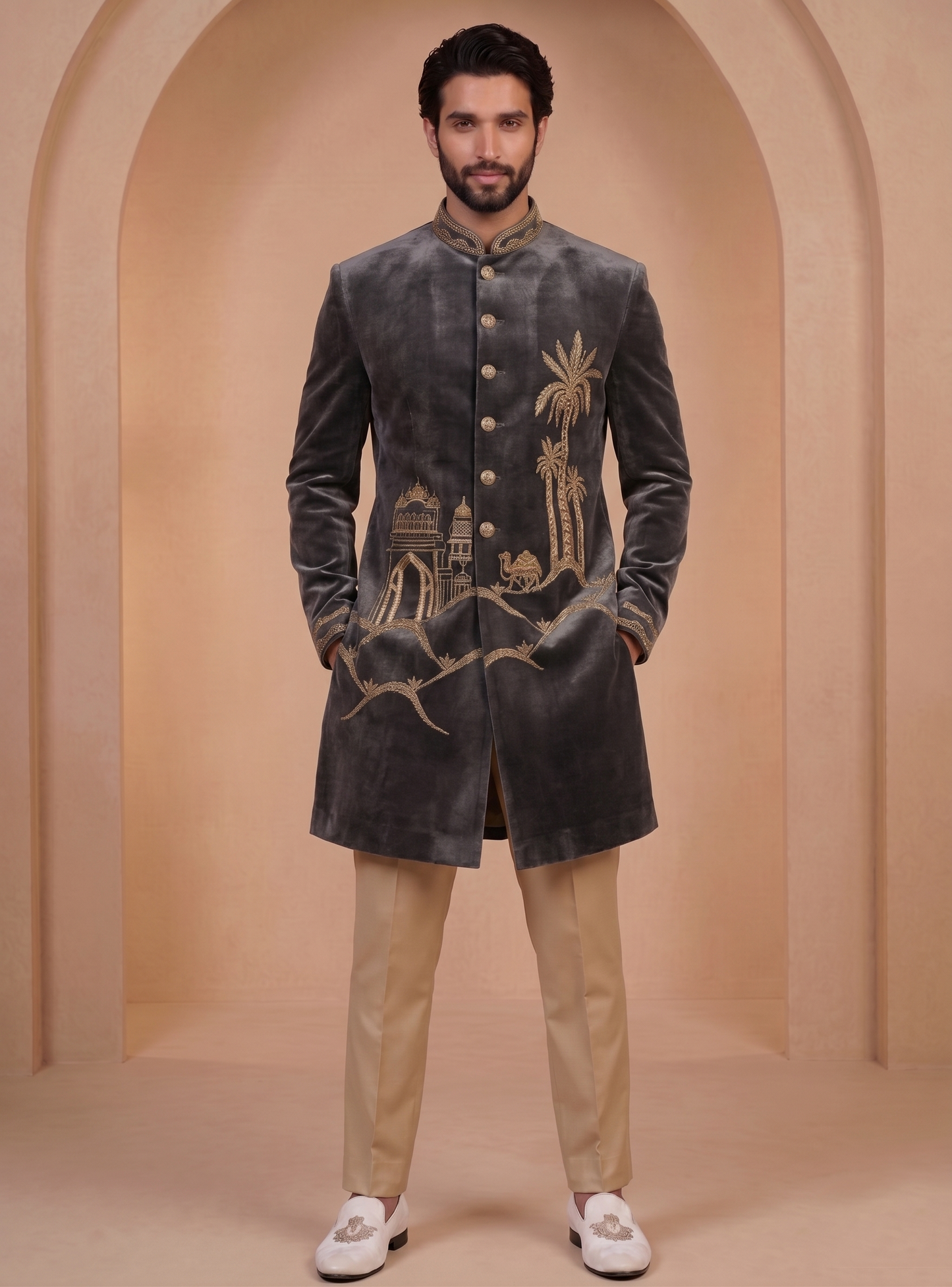 Slate Grey Velvet Ready Made Indo Western