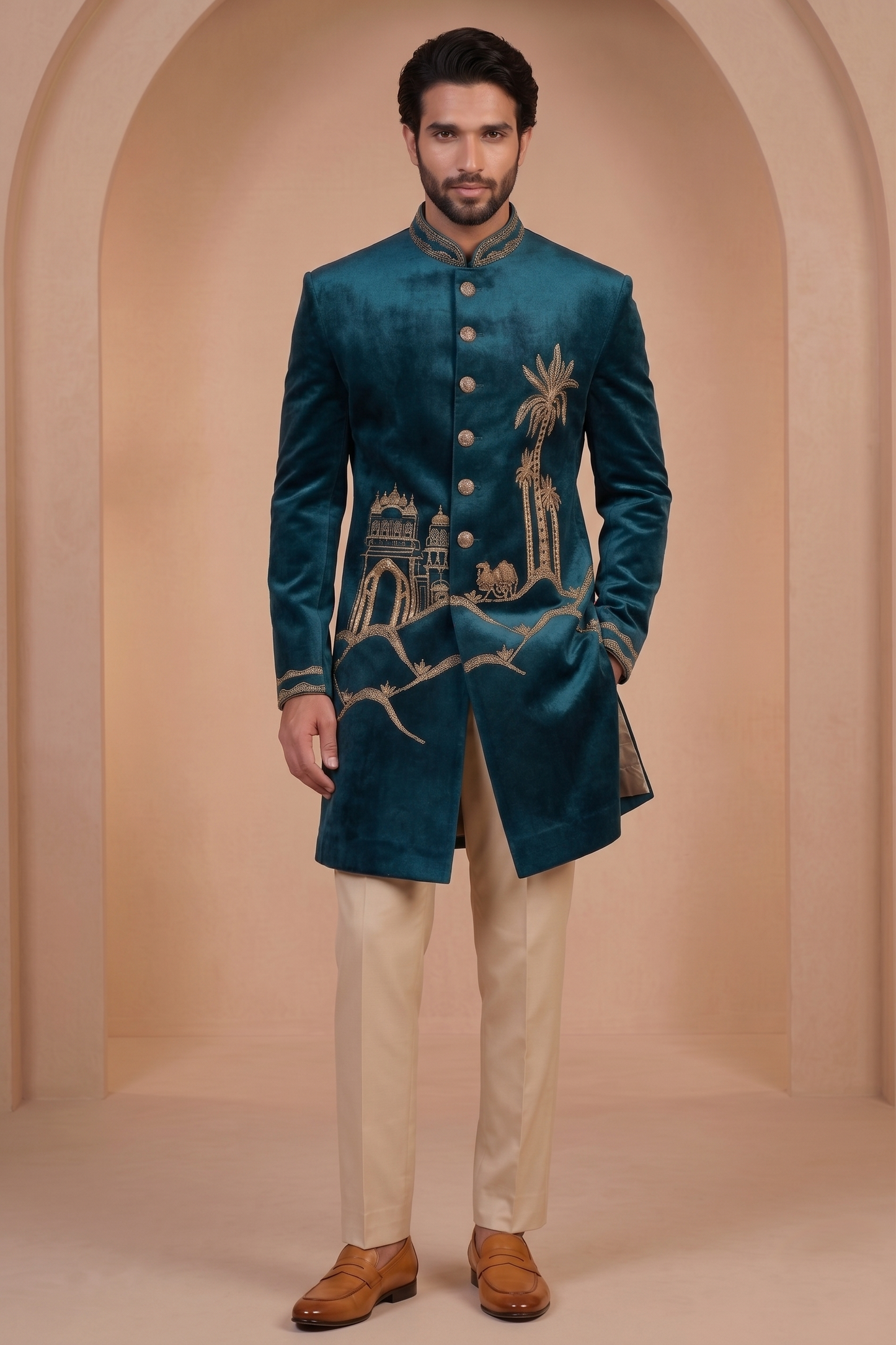 Peacock Blue Velvet Ready Made Indo Western