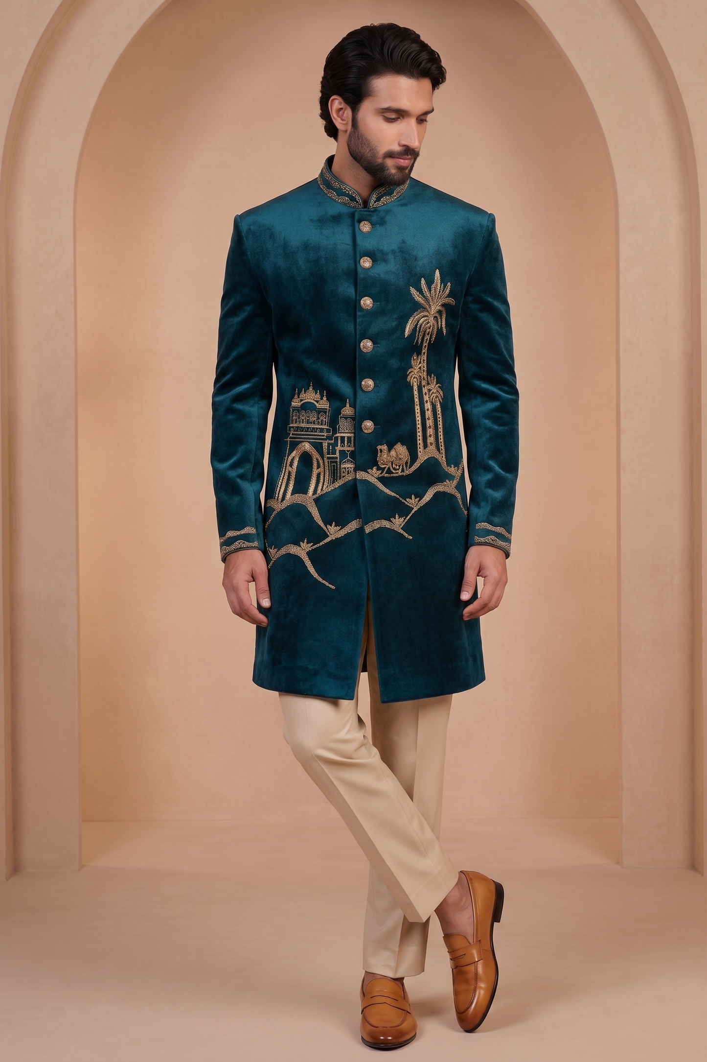 Peacock Blue Velvet Ready Made Indo Western