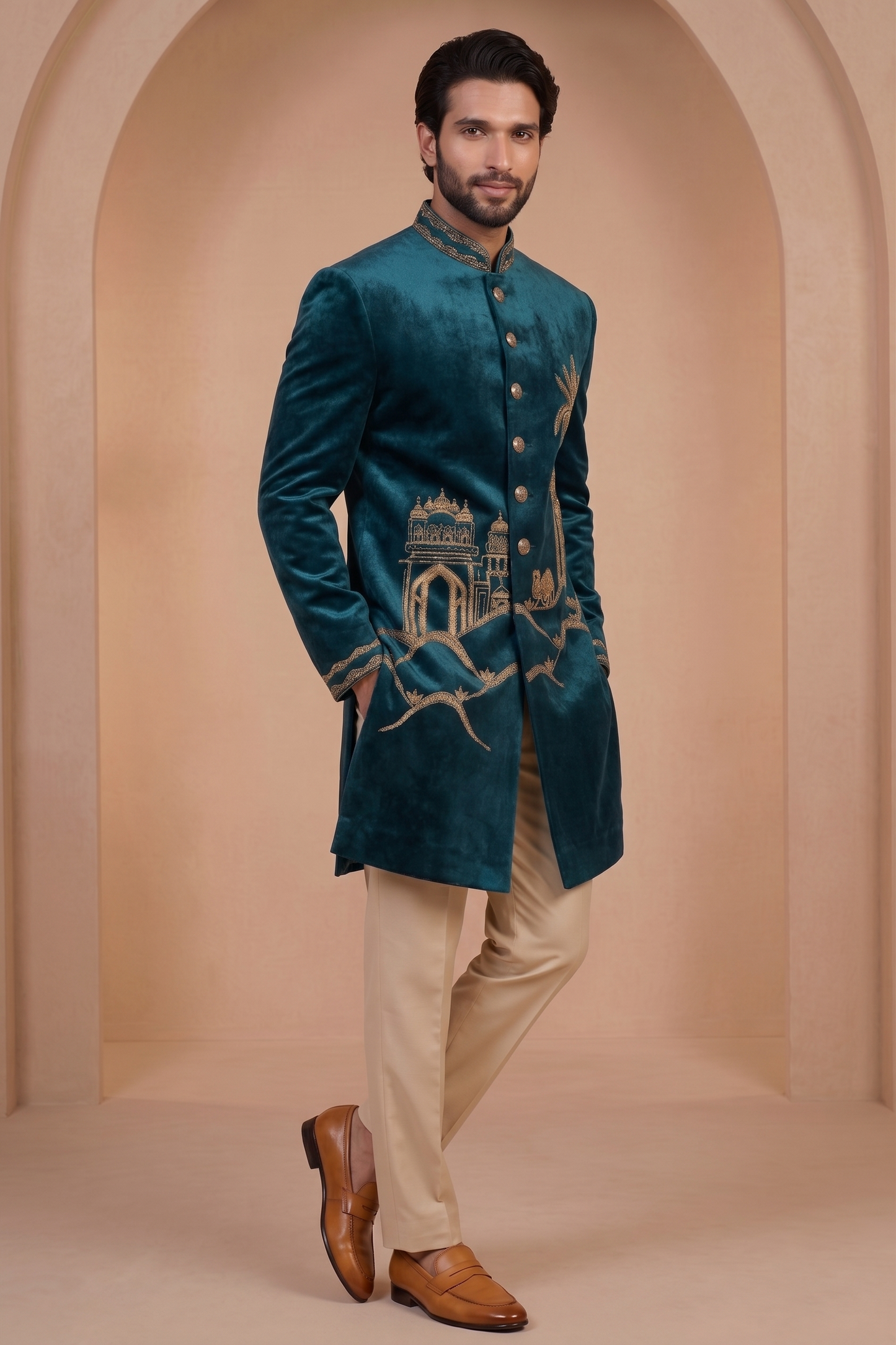 Peacock Blue Velvet Ready Made Indo Western