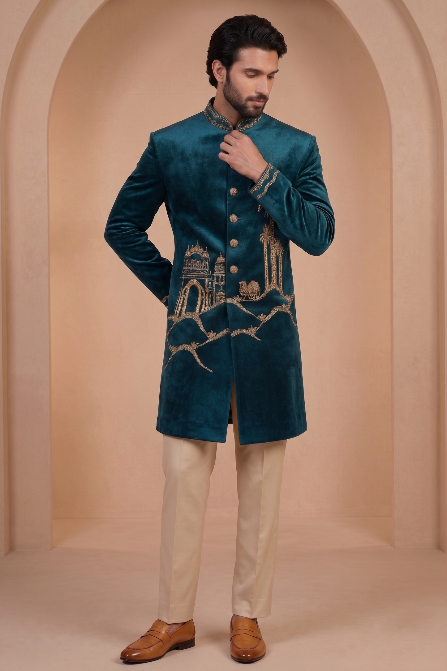 Peacock Blue Velvet Ready Made Indo Western