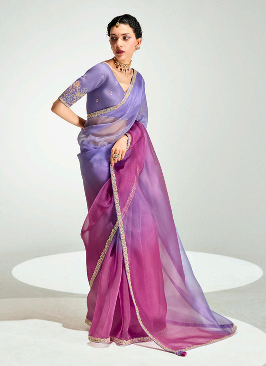 Lavender and Magenta Organza Tissue Embroidered Designer Wedding Saree