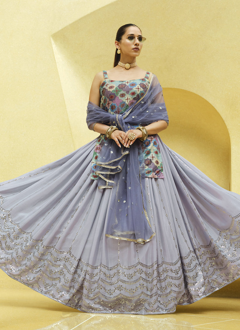 Lavender Grey Chinnon Silk Embellished Designer Lehenga Kameez