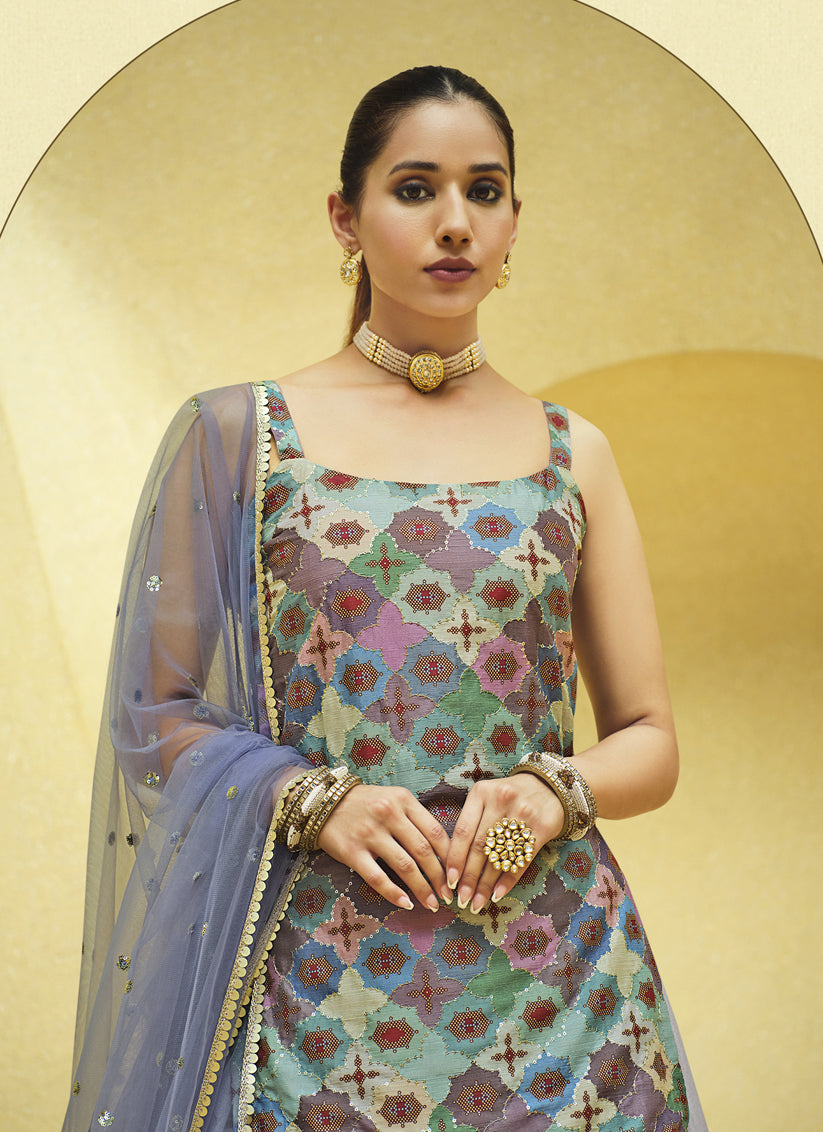 Lavender Grey Chinnon Silk Embellished Designer Lehenga Kameez