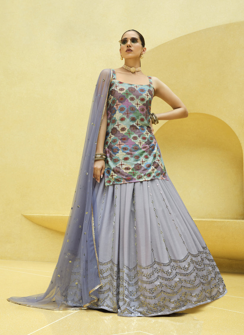 Lavender Grey Chinnon Silk Embellished Designer Lehenga Kameez