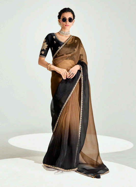 Snuff Brown and Black Organza Tissue Embroidered Designer Wedding Saree