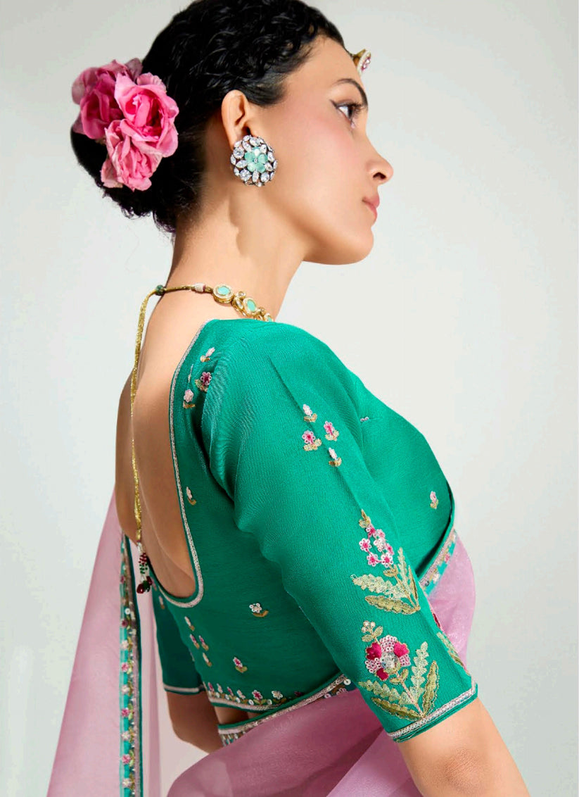 Sea Green and Lilac Pink Organza Tissue Embroidered Designer Wedding Saree
