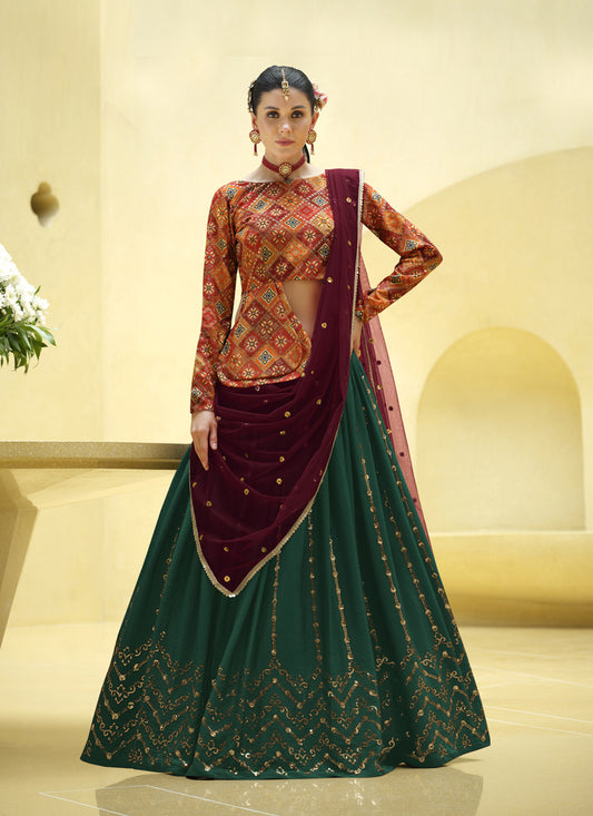 Pine Green Chinnon Silk Embellished Designer Lehenga Choli