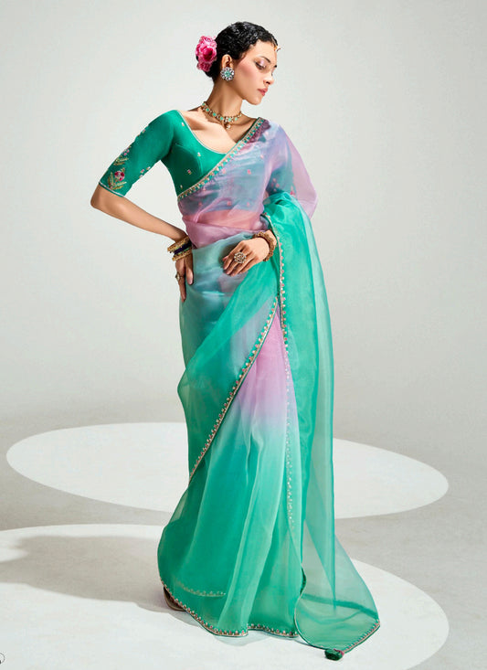 Sea Green and Lilac Pink Organza Tissue Embroidered Designer Wedding Saree