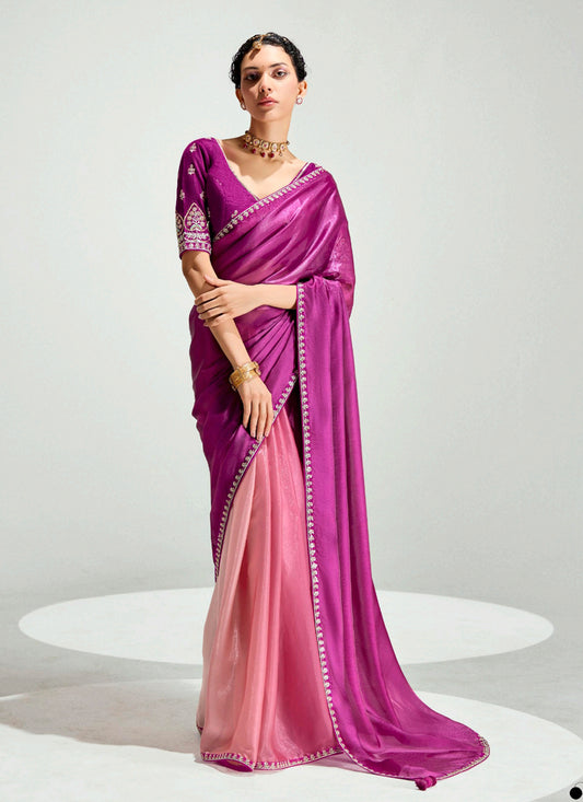 Coral Pink and Magenta Organza Tissue Embroidered Designer Wedding Saree