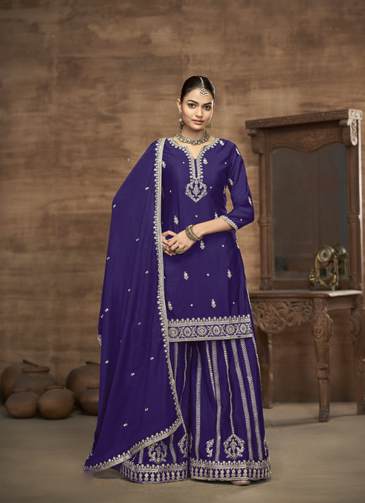 Violet Chinnon Silk  Embroidered Readymade Palazzo Kameez