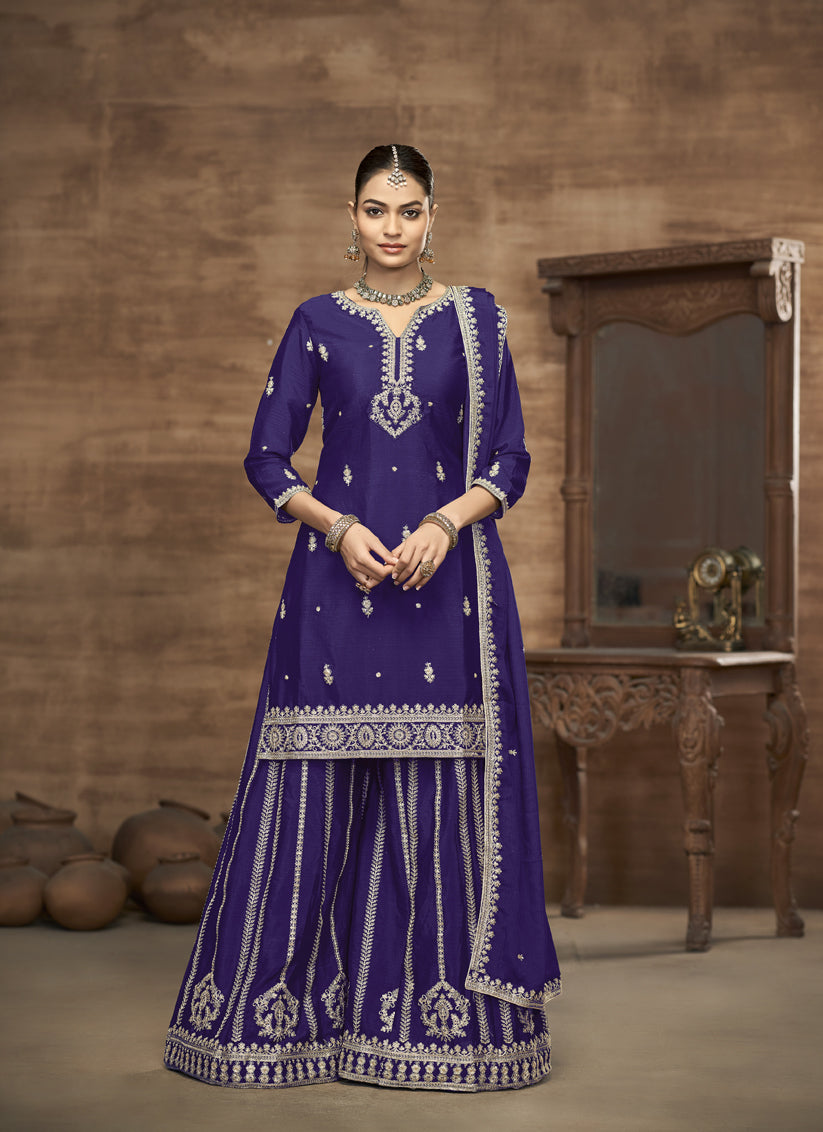 Violet Chinnon Silk  Embroidered Readymade Palazzo Kameez