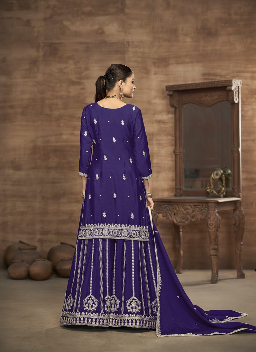 Violet Chinnon Silk  Embroidered Readymade Palazzo Kameez