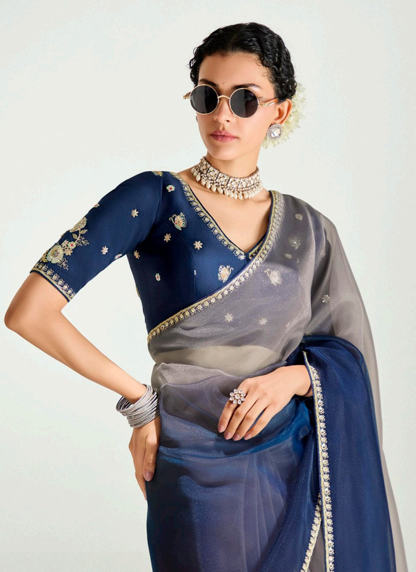 Dusty Grey and Prussian Blue Organza Tissue Embroidered Designer Wedding Saree