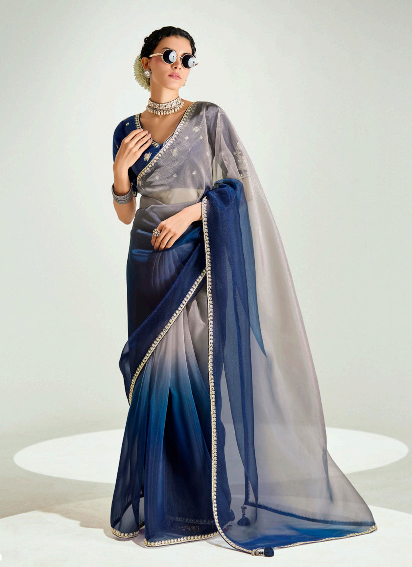 Dusty Grey and Prussian Blue Organza Tissue Embroidered Designer Wedding Saree