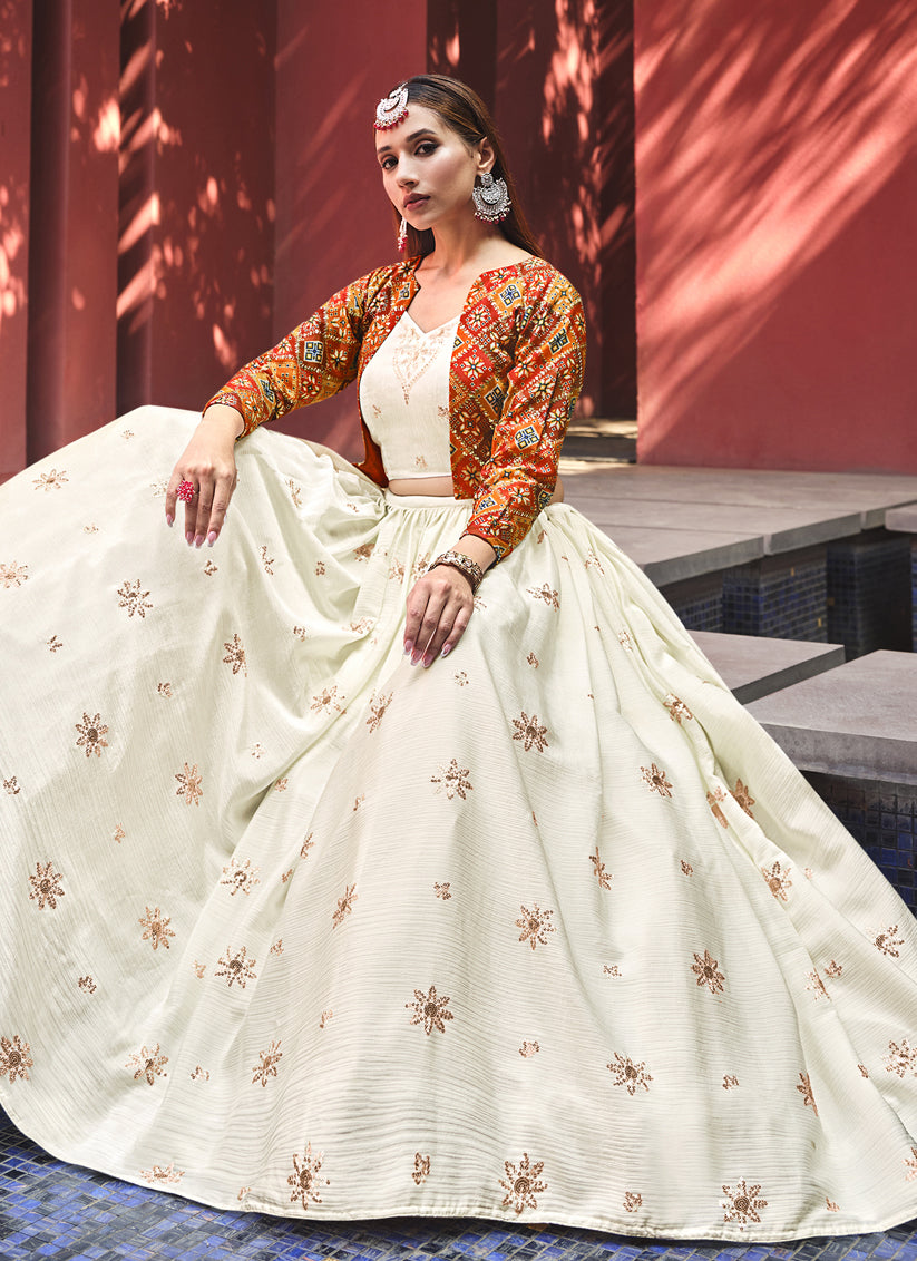 Ivory Chiffon Lehenga Choli with Jacket