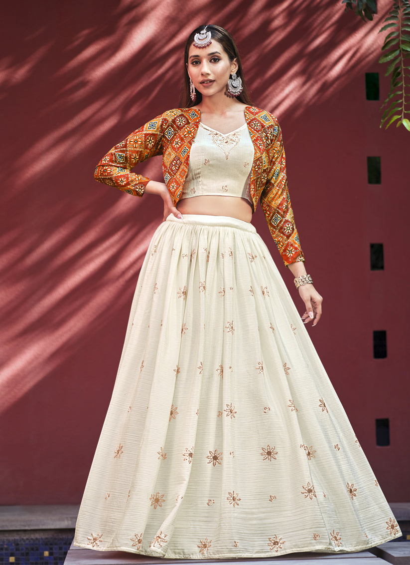 Ivory Chiffon Lehenga Choli with Jacket