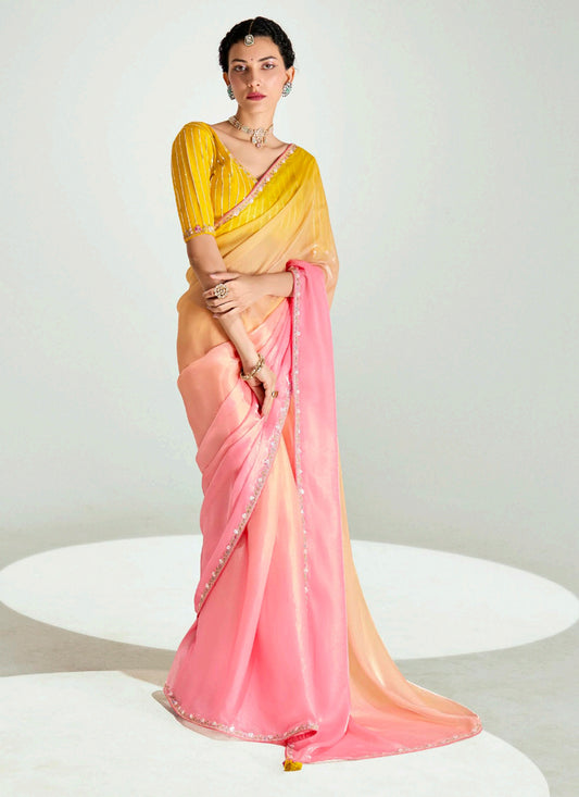 Multicolor Organza Tissue Embroidered Designer Wedding Saree