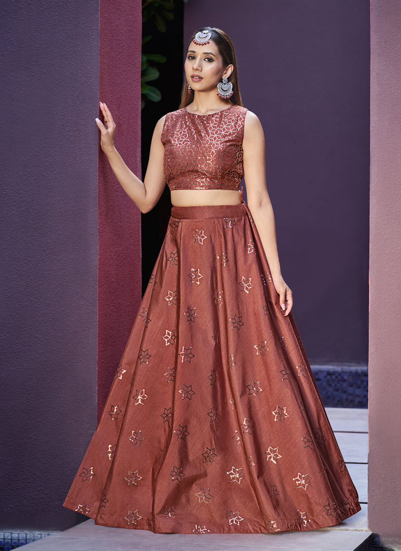 Rust Orange Art Silk Lehenga Choli with Jacket