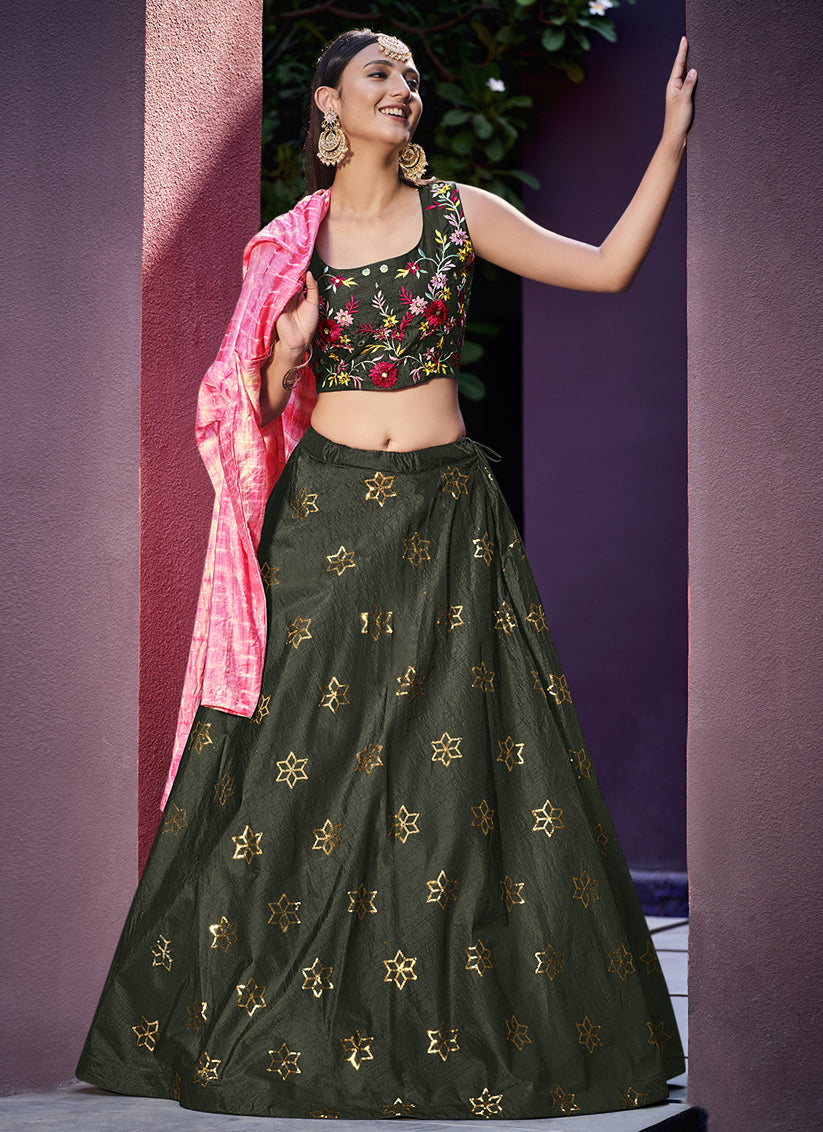 Moss Green Art Silk Lehenga Choli with Jacket