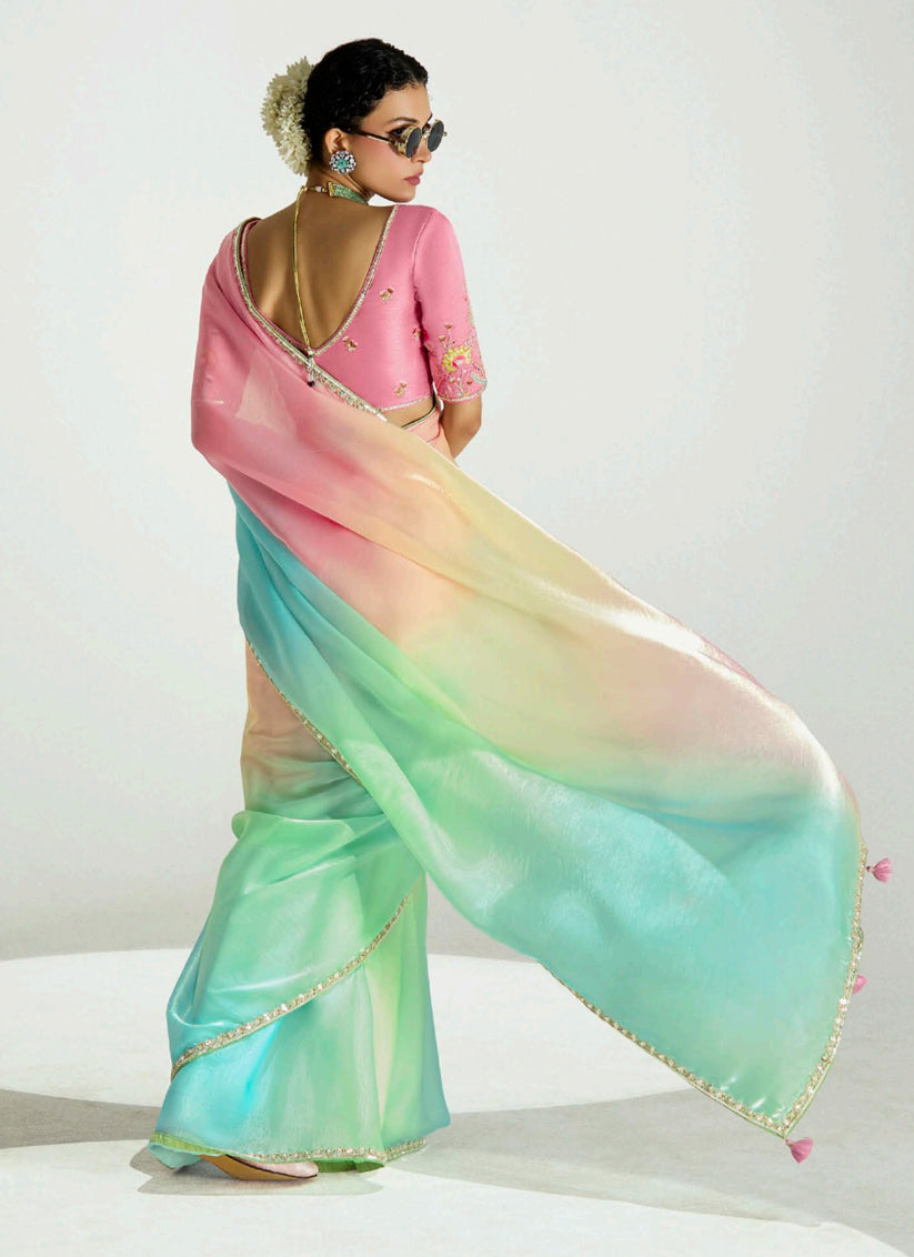 Multicolor Organza Tissue Embroidered Designer Wedding Saree
