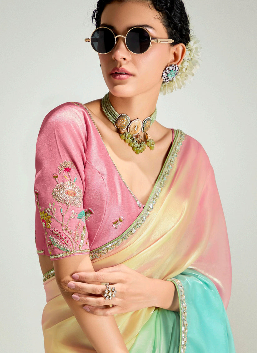 Multicolor Organza Tissue Embroidered Designer Wedding Saree