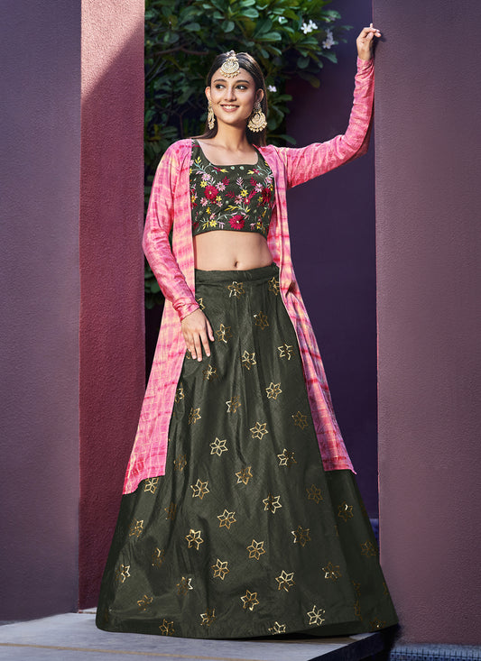 Moss Green Art Silk Lehenga Choli with Jacket