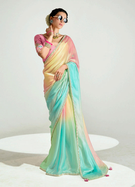 Multicolor Organza Tissue Embroidered Designer Wedding Saree