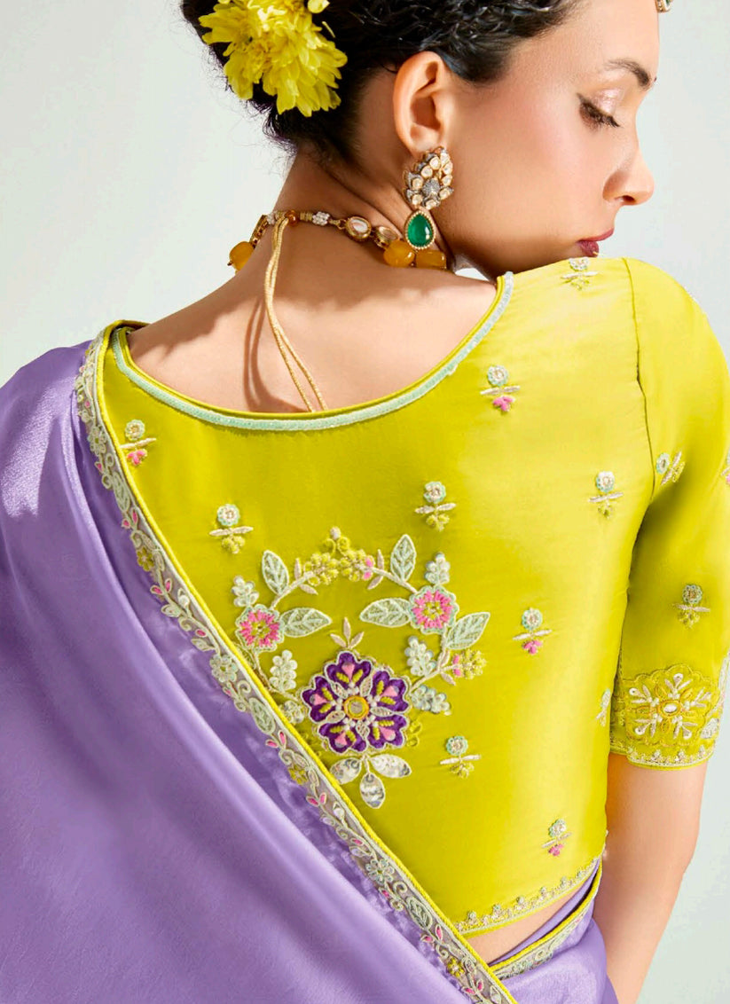 Lavender and Lemon Yellow Organza Tissue Embroidered Designer Wedding Saree