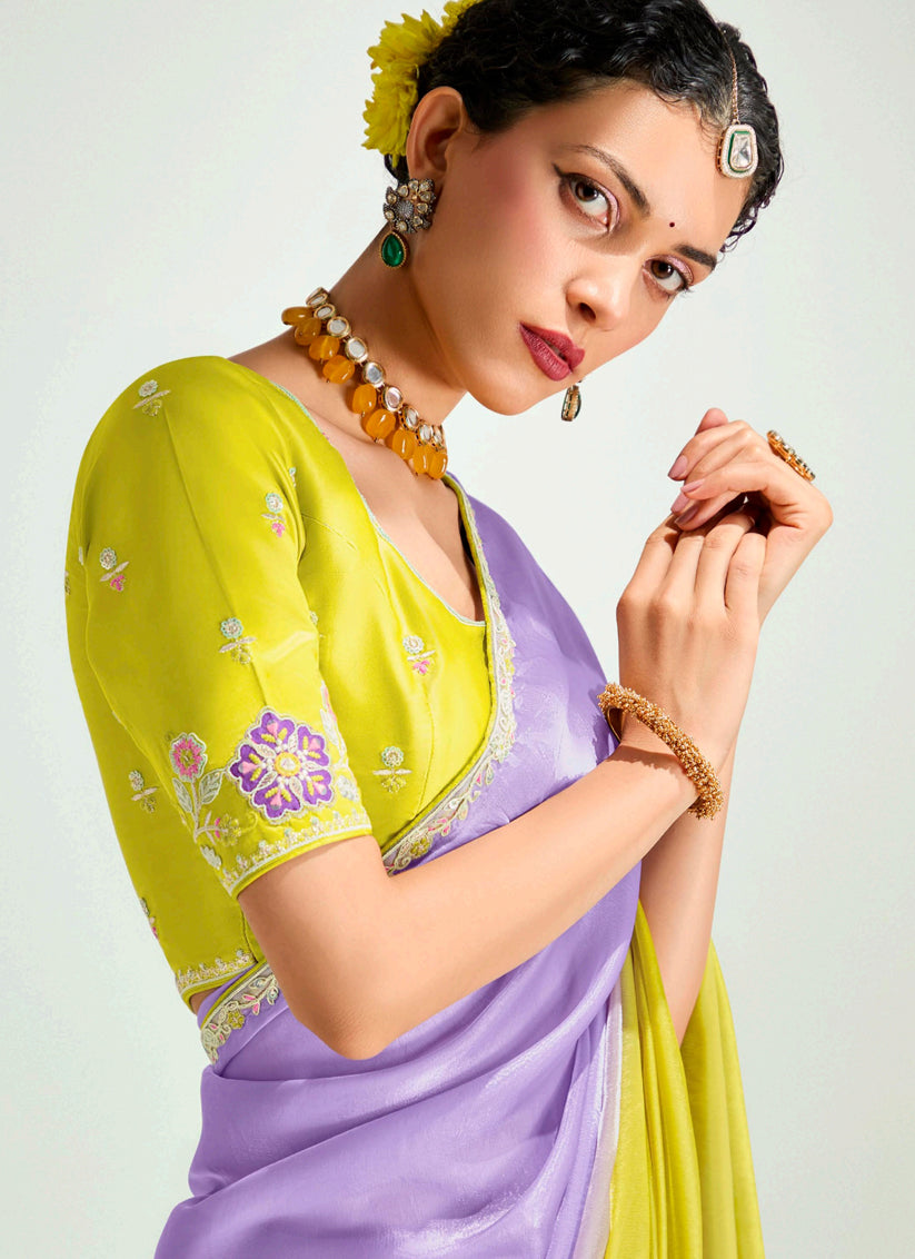 Lavender and Lemon Yellow Organza Tissue Embroidered Designer Wedding Saree
