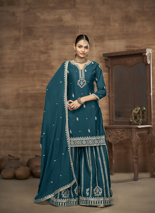 Peacock Blue Chinnon Silk  Embroidered Readymade Palazzo Kameez