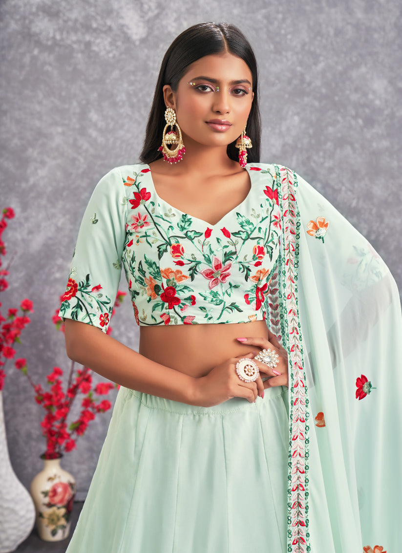 Ice Mint Georgette Embroidered Lehenga Choli