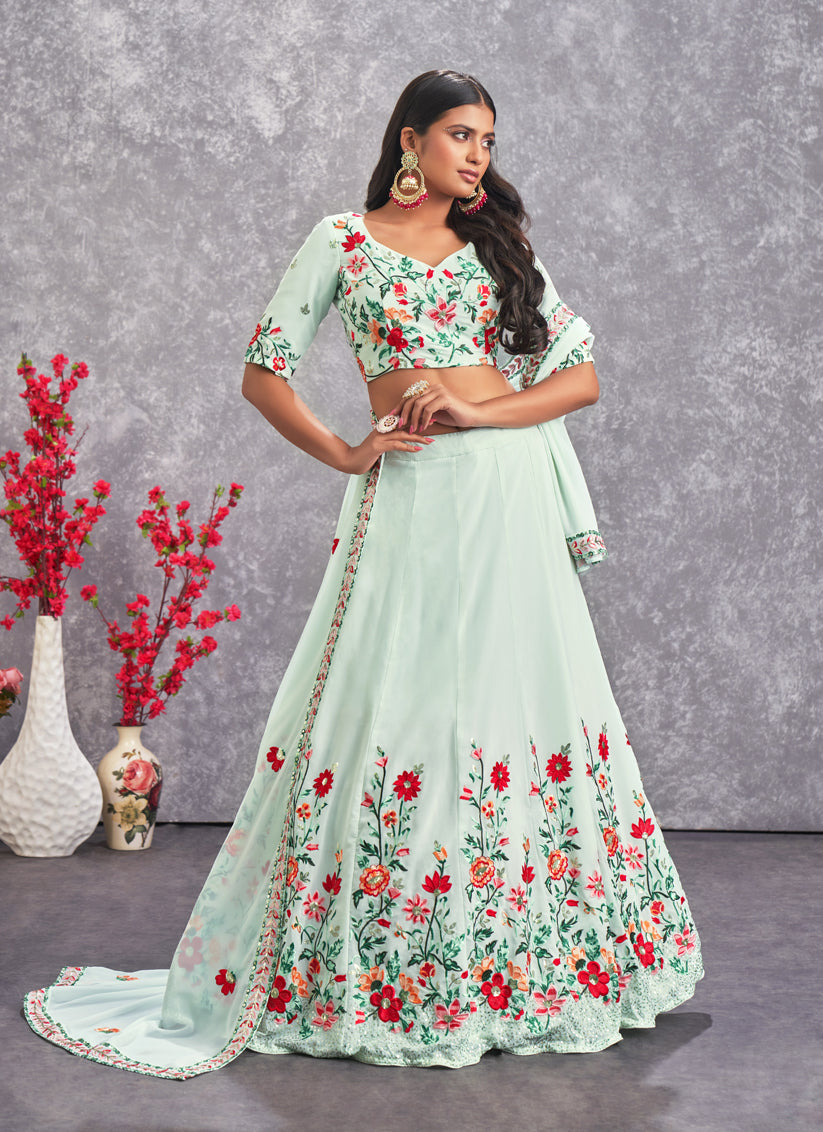 Ice Mint Georgette Embroidered Lehenga Choli