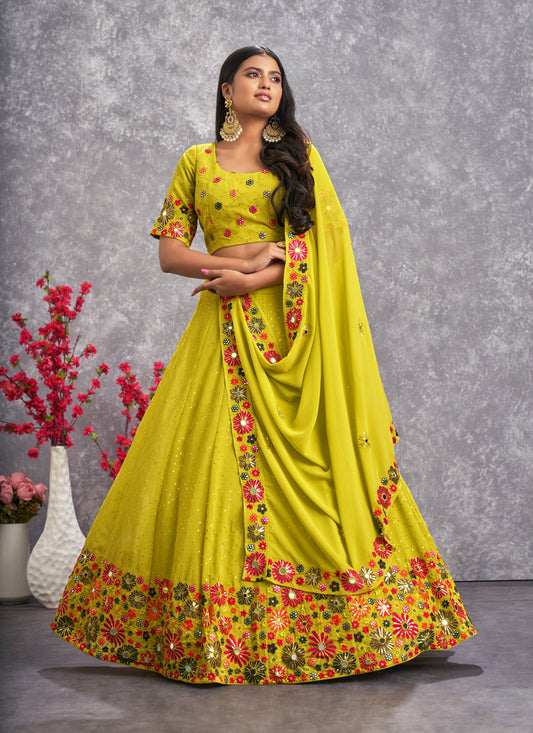 Lime Green Georgette Embroidered Lehenga Choli