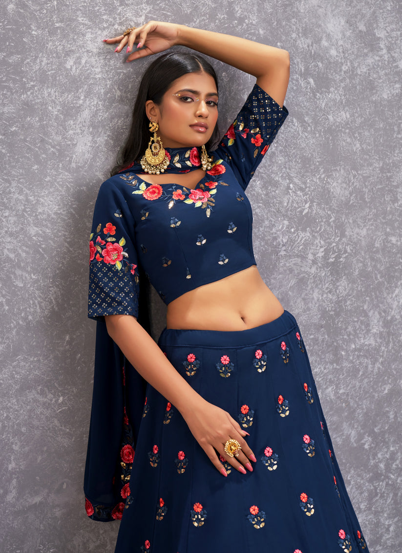 Peacock Blue Georgette Embroidered Lehenga Choli