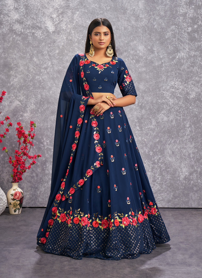 Peacock Blue Georgette Embroidered Lehenga Choli