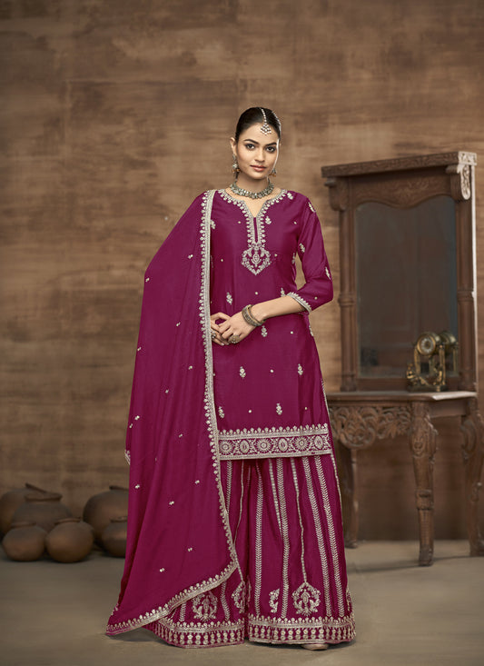 Magenta Chinnon Silk  Embroidered Readymade Palazzo Kameez