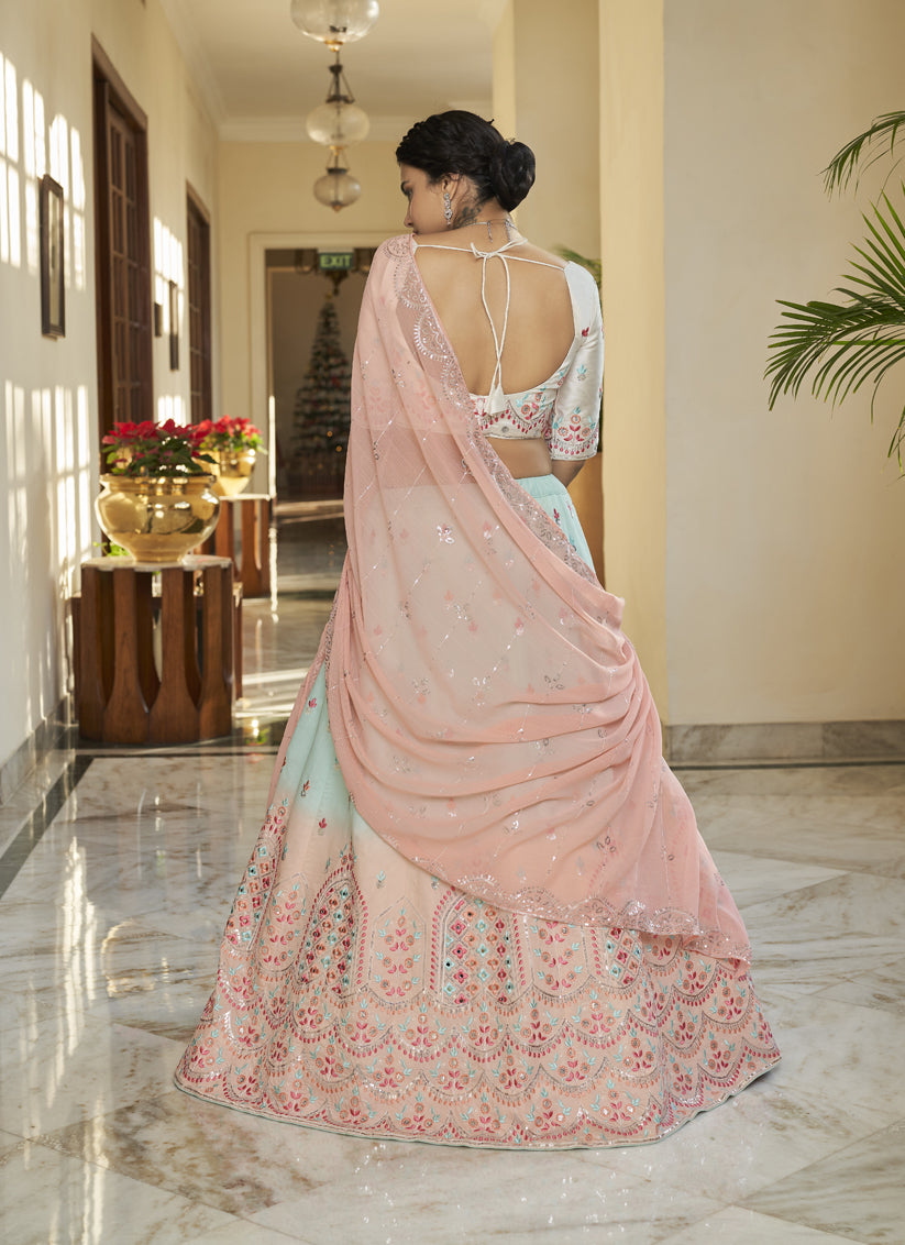 Ice Blue and Peach Art Silk Embroidered Wedding Lehenga Choli