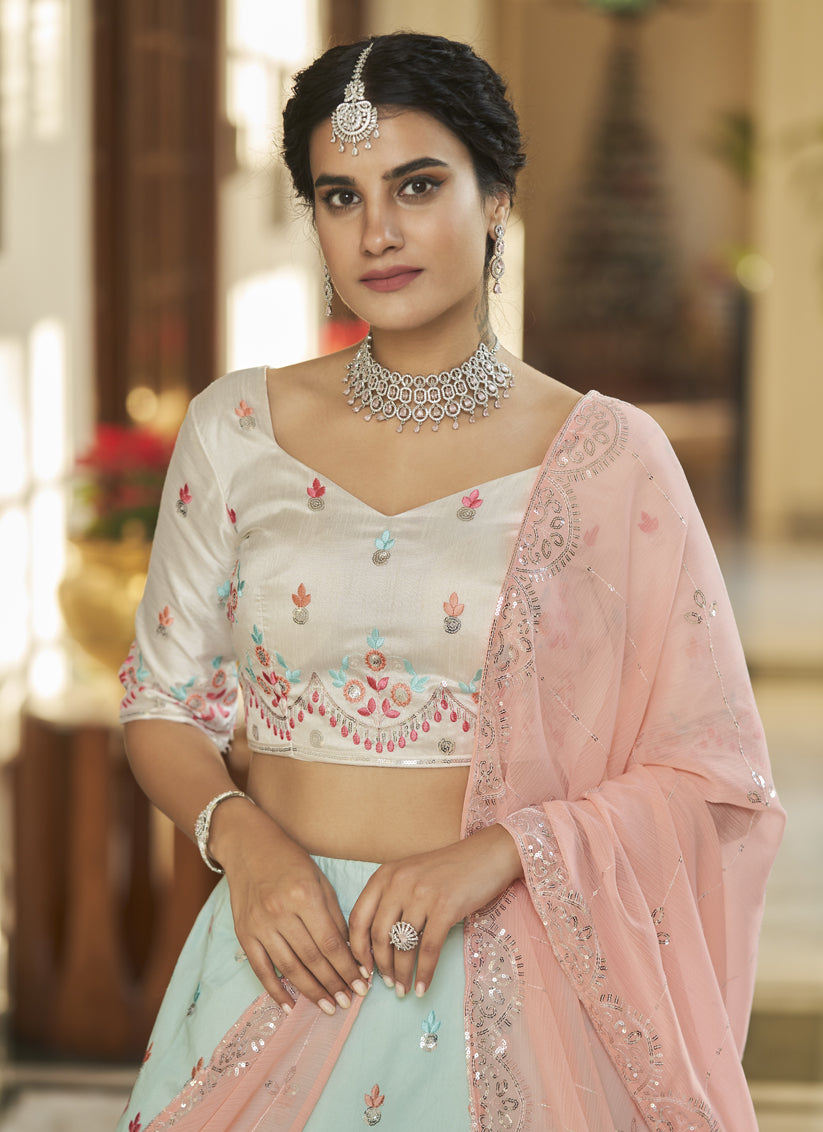 Ice Blue and Peach Art Silk Embroidered Wedding Lehenga Choli