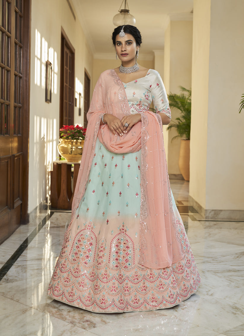 Ice Blue and Peach Art Silk Embroidered Wedding Lehenga Choli