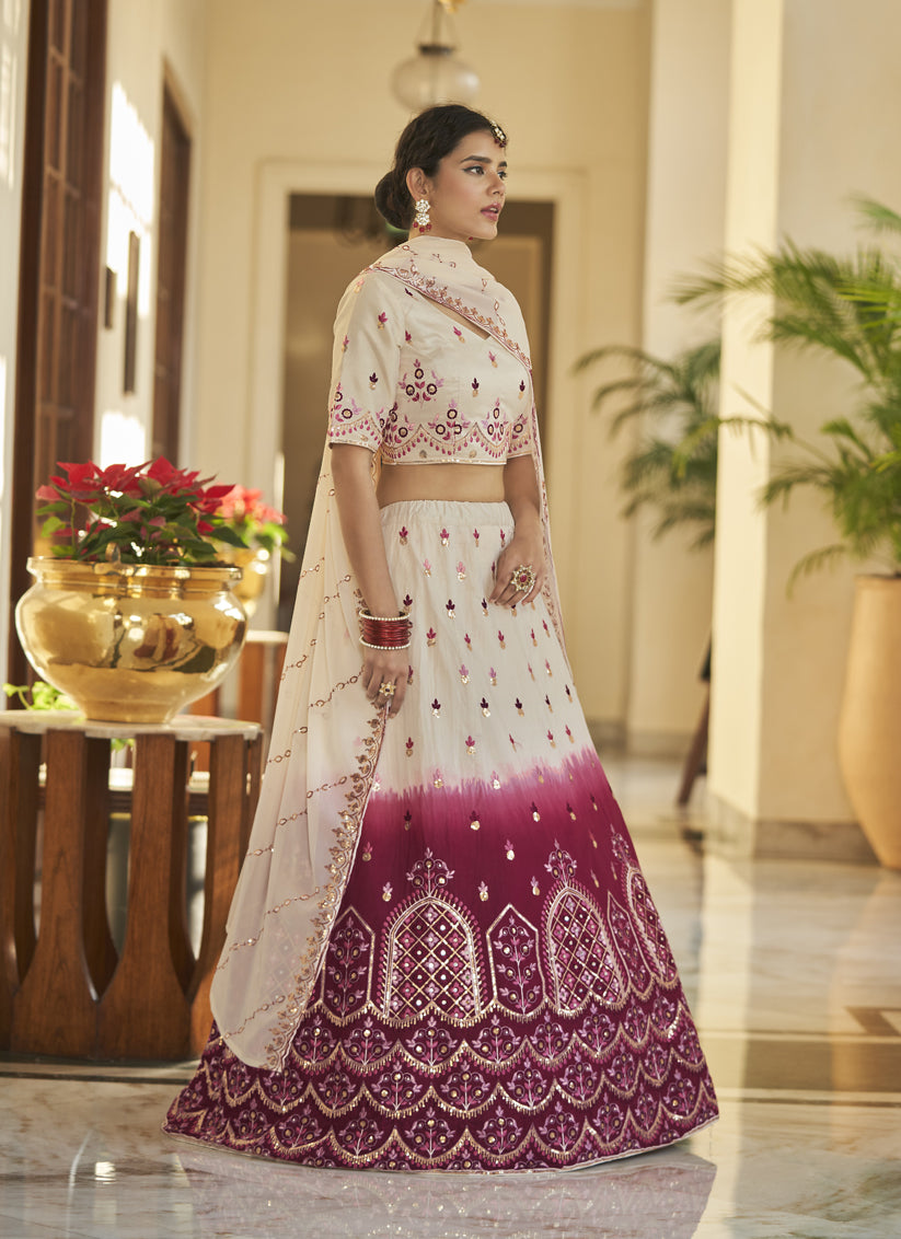 Ivory and Maroon Art Silk Embroidered Wedding Lehenga Choli