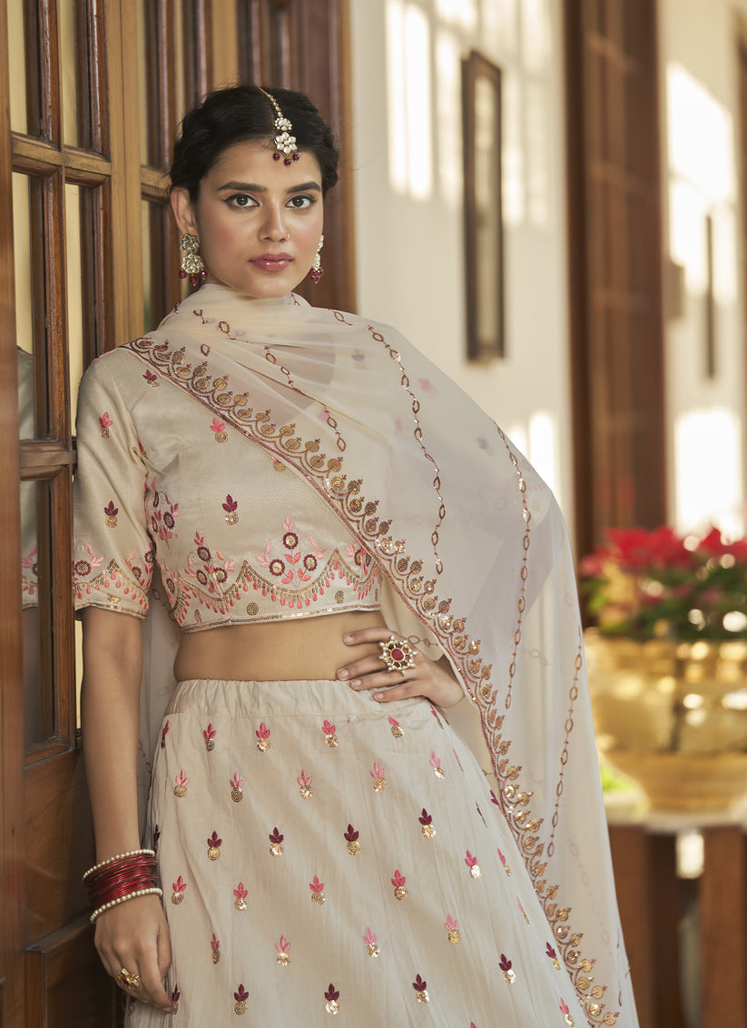 Ivory and Maroon Art Silk Embroidered Wedding Lehenga Choli