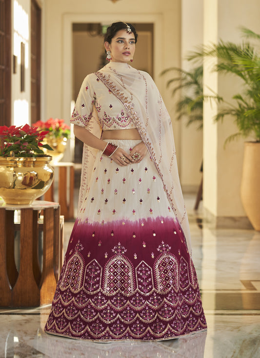 Ivory and Maroon Art Silk Embroidered Wedding Lehenga Choli