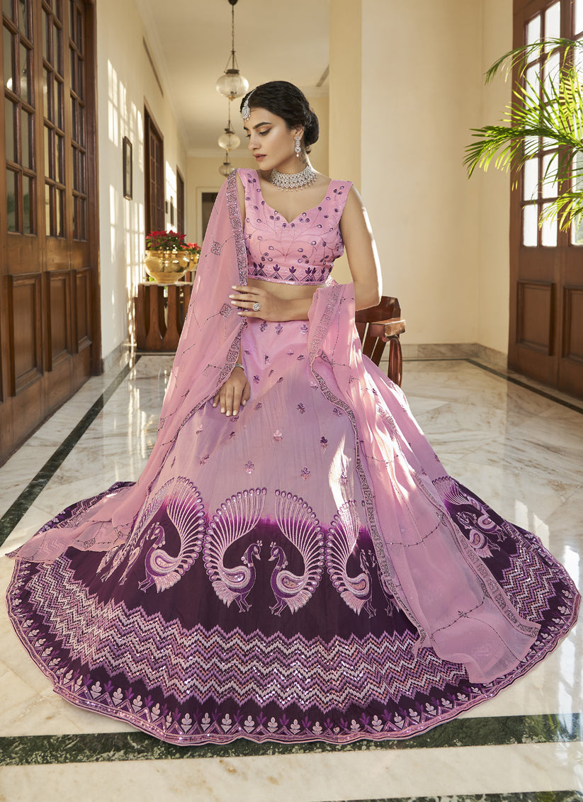 Lilac Pink and Plum Art Silk Embroidered Wedding Lehenga Choli