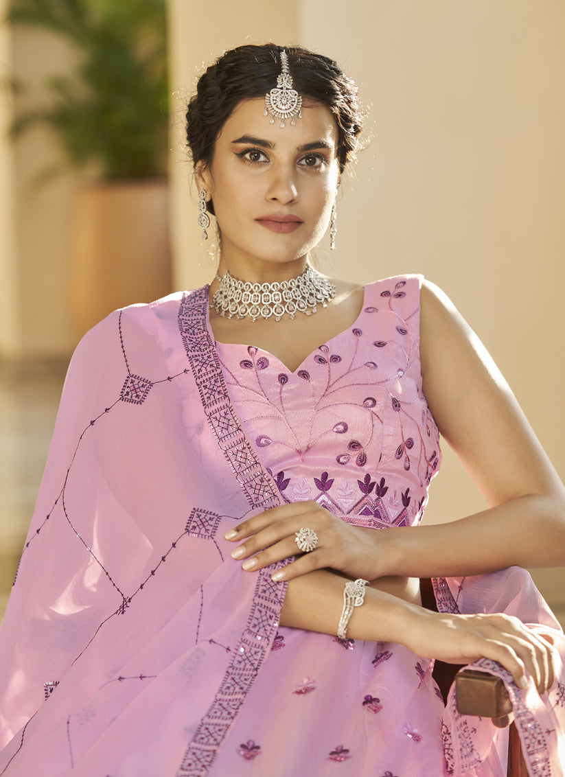 Lilac Pink and Plum Art Silk Embroidered Wedding Lehenga Choli