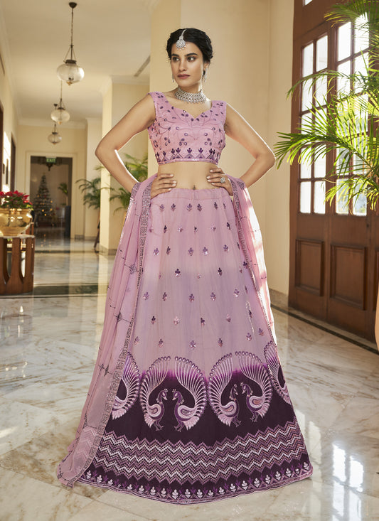 Lilac Pink and Plum Art Silk Embroidered Wedding Lehenga Choli